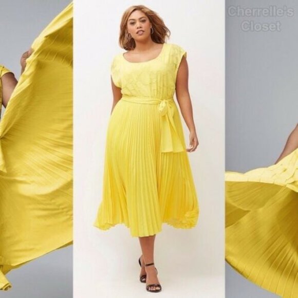 Lane Bryant Dresses & Skirts - Lane Bryant Pleated Midi Dress Yellow Tie Belt Women's Size 18 / 20 H12953